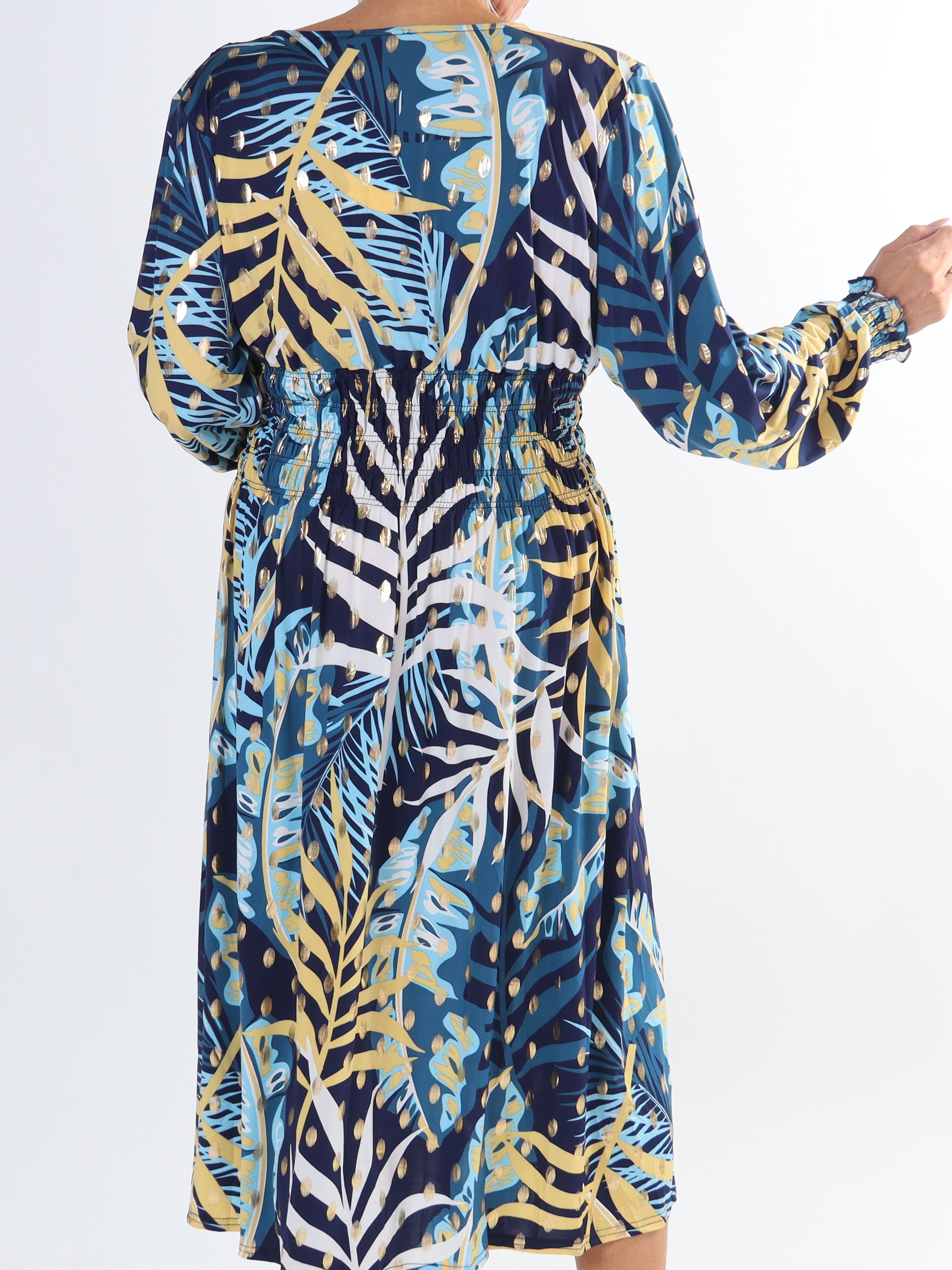 Pams Forest Midi L/S - Plus size elastisk klänning i skrynkelfritt tyg med långa ärmar